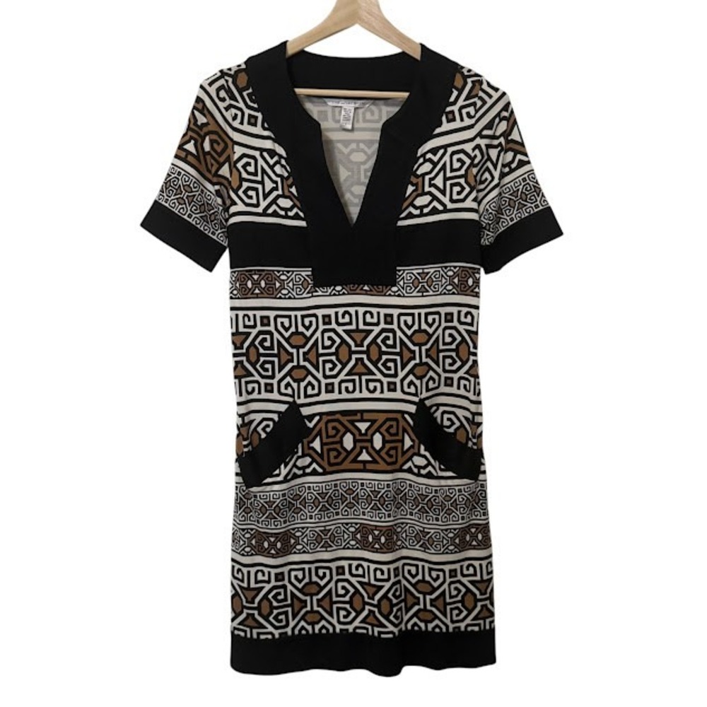 Diane von Furstenberg Silk Brown Black Print Short Sleeve V Neck Shift Dress 8
